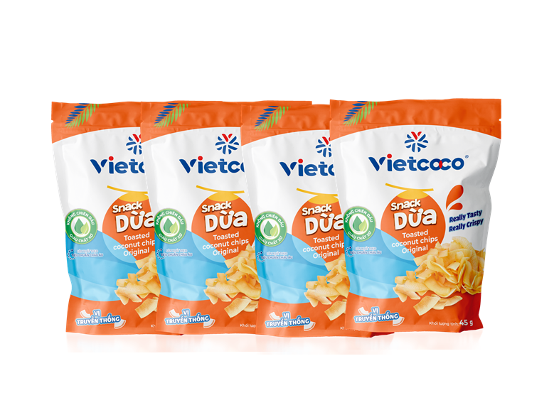 Combo 4 Snack dừa vị truyền thống VIETCOCO - Túi Zipper 45g